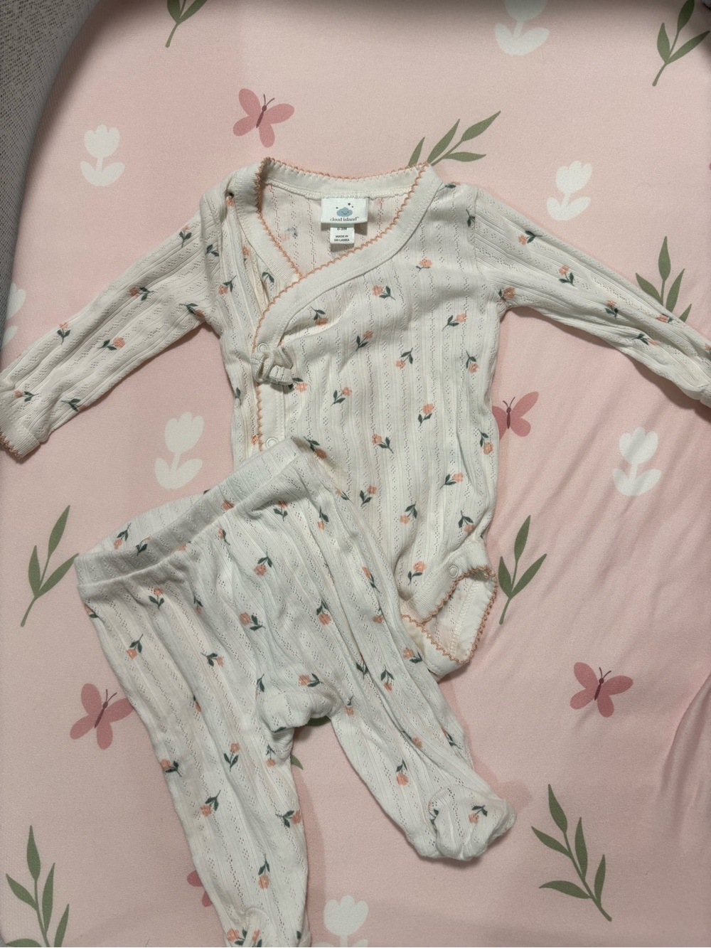 cloud island Cream Knit Floral Wrap Pajama Set with Pink Blossoms